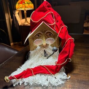 Handmade Santa Birdhouse Head Table Top Glasses Velvet Hat Pipe Face=paper Mache